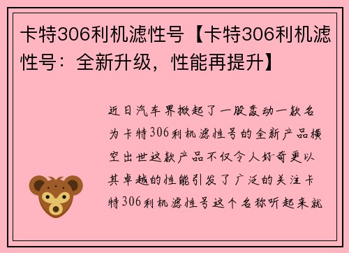 卡特306利机滤性号【卡特306利机滤性号：全新升级，性能再提升】